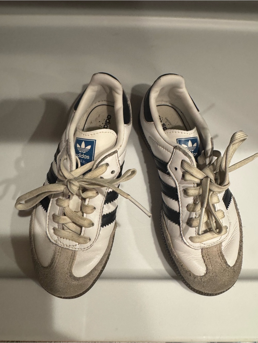 adidas White Sneakers with Black Stripes and Beige Suede Accents